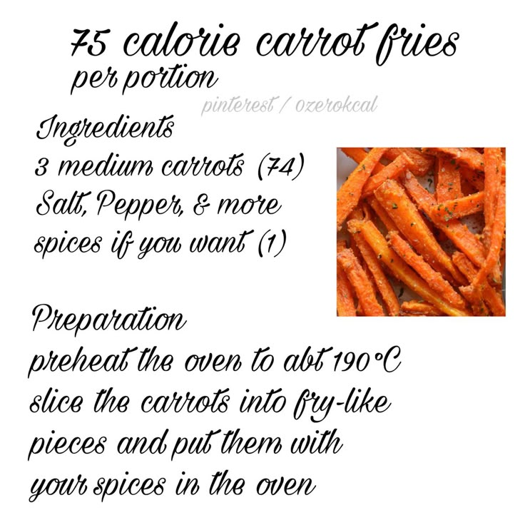 some type of food that is on top of a white paper with the words, 25 calories carrot fries per portion