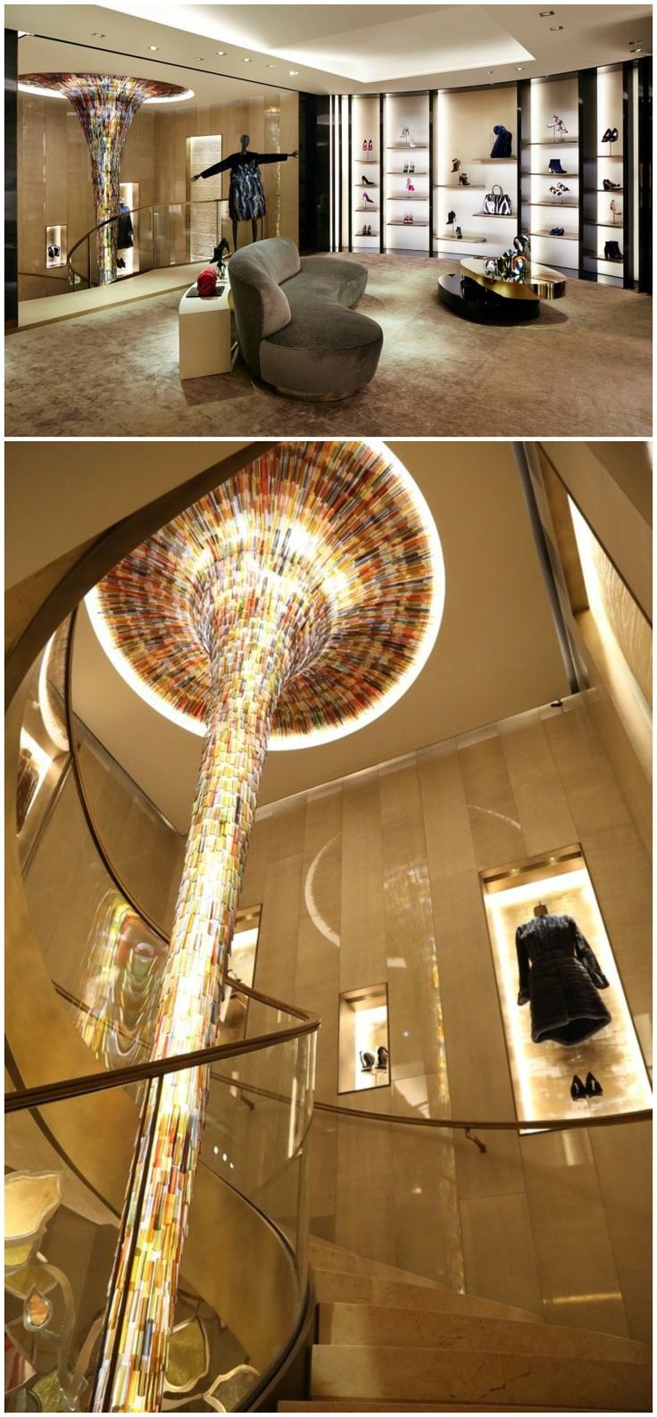 the inside and outside of a store with many items on display in glass cases, as well as an image of a spiral staircase