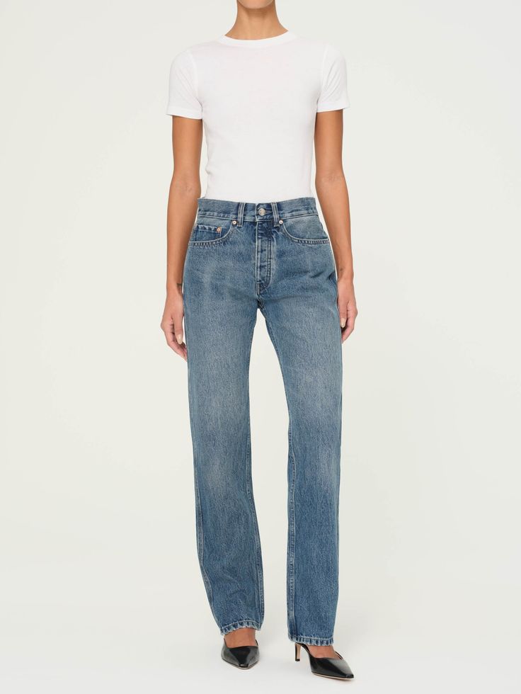 Romie Straight Mid Rise Jeans | Endless Sea – DL1961 Fitted Rigid Denim Pants With Straight Hem, Classic Flare Jeans In Recycled Denim, Rigid Denim Flare Jeans With Straight Hem, Modern Fitted Flare Jeans In Rigid Denim, Fitted Modern Flare Rigid Denim Jeans, Everyday Straight Cotton Flare Jeans, Modern Mid-rise Flare Jeans For Everyday, Everyday Fitted Wide-leg Jeans, Classic Relaxed Fit Flare Jeans