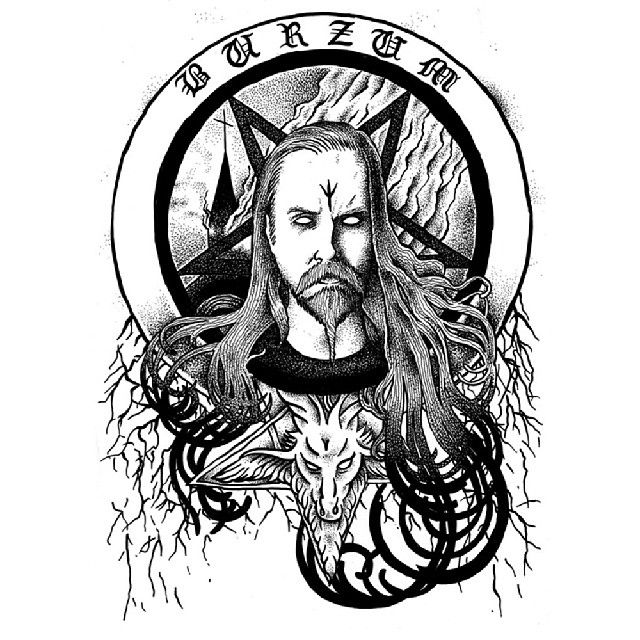 a black and white drawing of a man with long hair, wearing a horned head