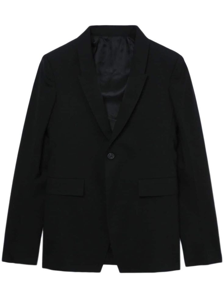 black stretch-wool narrow notch lapels front button fastening front flap pockets long sleeves buttoned cuffs straight hem Black Dress Jacket, Black Suit Jacket, Versace Outfit, Dress Jacket, Black Suit, Blazer Black, Black Suits, Wool Blazer, Black Blazers