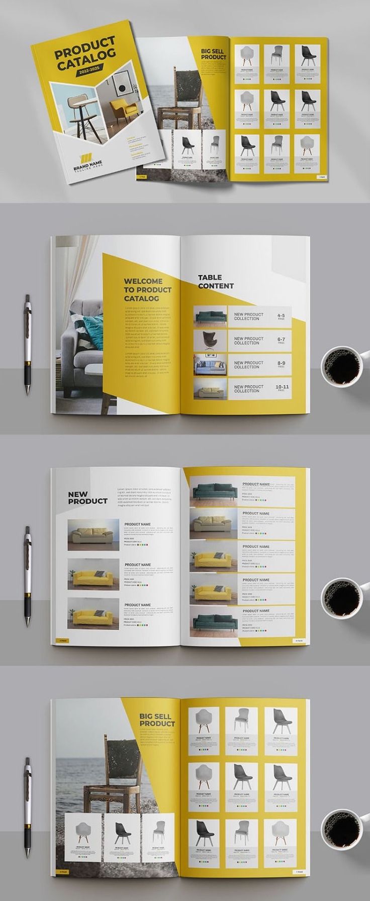 an open brochure is shown with yellow accents