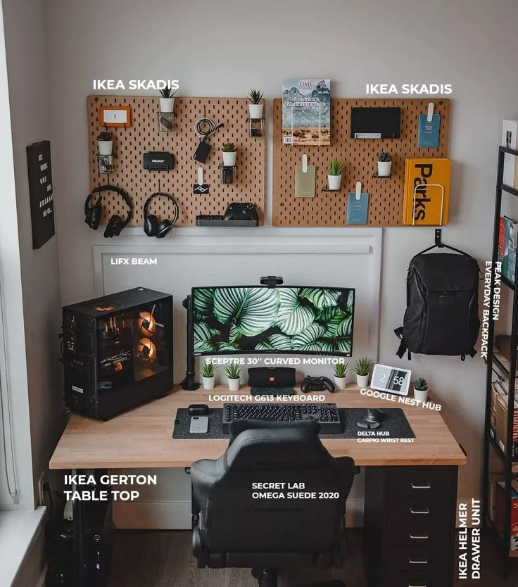 a desk with a computer on top of it and several other office supplies around it