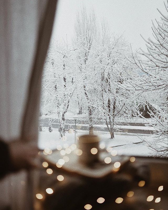 a window with some lights in front of it and snow covered trees outside the window