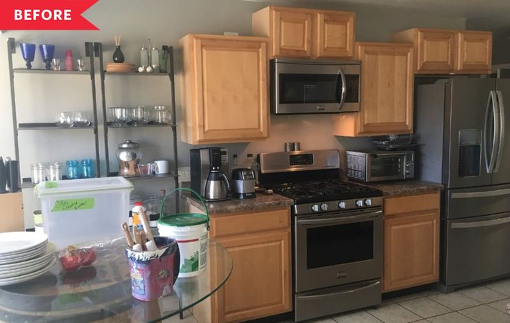 a kitchen with stainless steel appliances and wooden cabinets is shown before and after remodeling