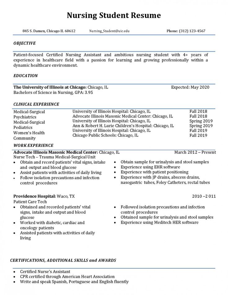 a resume for a nursing student with no work experience on the job and it is well written