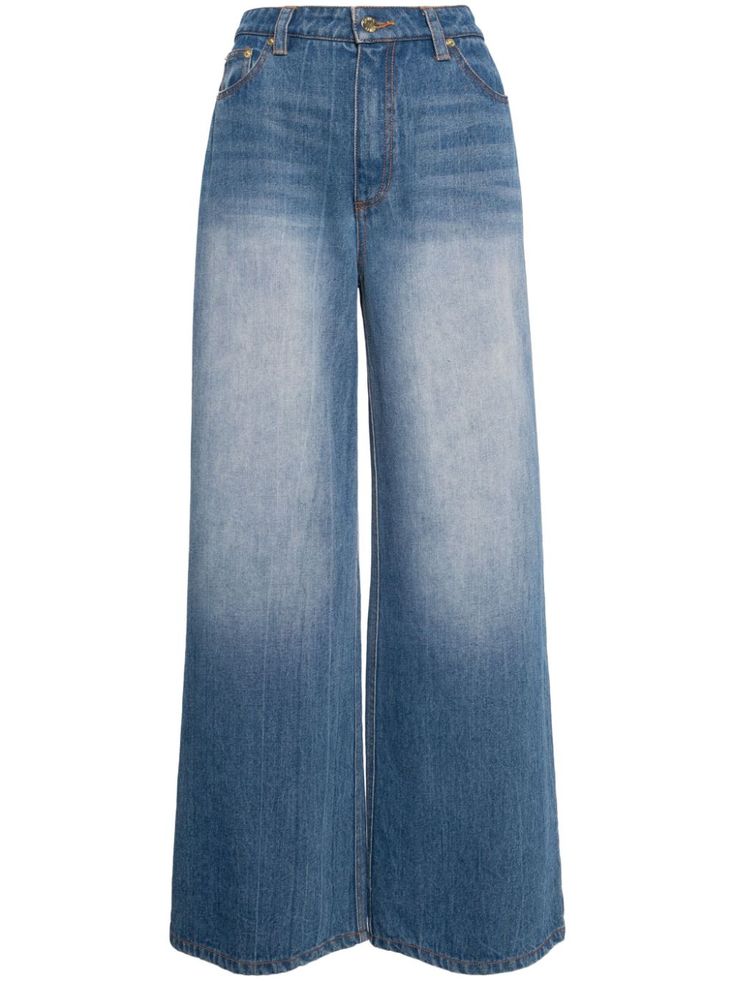 blue cotton washed denim front button fastening high waist wide leg classic five pockets Mom Fits, Wardrobe Edit, City Dress, Summer Beach Wear, Washed Denim, Exclusive Fashion, Denim Trousers, Cynthia Rowley, Wide Leg Denim