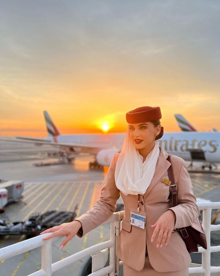 a woman in an airline uniform standing at the gate