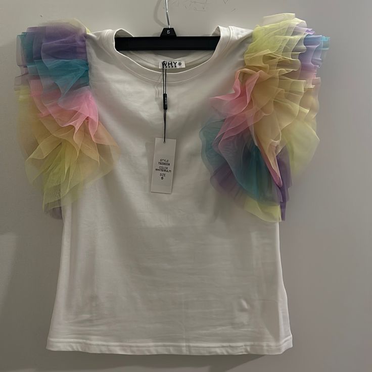 Multi Color Ruffle Top Size Small Super Cute!!!!Nwt T Shirt Hacks, Sewing Challenge, Shirt Hacks, Upcycle Tshirt, Mickey Mouse Sweatshirt, Cupcakes And Cashmere, Sheer Shirt, Ruffle Shirt, Ruffled Sleeve Top