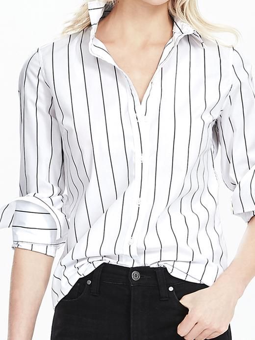 Riley-Fit Bold Stripe Shirt | Banana Republic Classic White Blouse With Roll-up Sleeves, Fitted Tops With Placket And Shirttail Hem, Fitted Top With Placket And Shirttail Hem, Business Casual Stretch Button-up Blouse, Classic Stretch Tops For Business Casual, Stretch Button-up Blouse For Business Casual, Classic Stretch Tops For Work, Stretch Shirt For Workwear, Chic Collared Business Casual Shirt