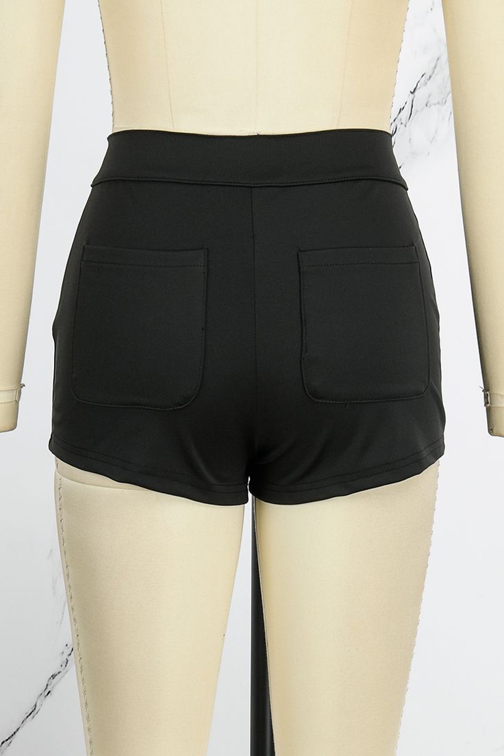 Black Casual Solid Patchwork Skinny High Waist Conventional Solid Color Shorts Black High Waist Solid Color Shorts, Black High-waist Shorts With Pockets, Black Bottoms With Pockets For Night Out, High Waist Black Shorts With Side Pockets, High-waist Black Shorts With Side Pockets, Black High-waisted Shorts With Side Pockets, Black Shorts With Pockets And Short Inseam, Black Bottoms With Side Pockets, Short Length, Black Bottoms With Side Pockets And Short Length