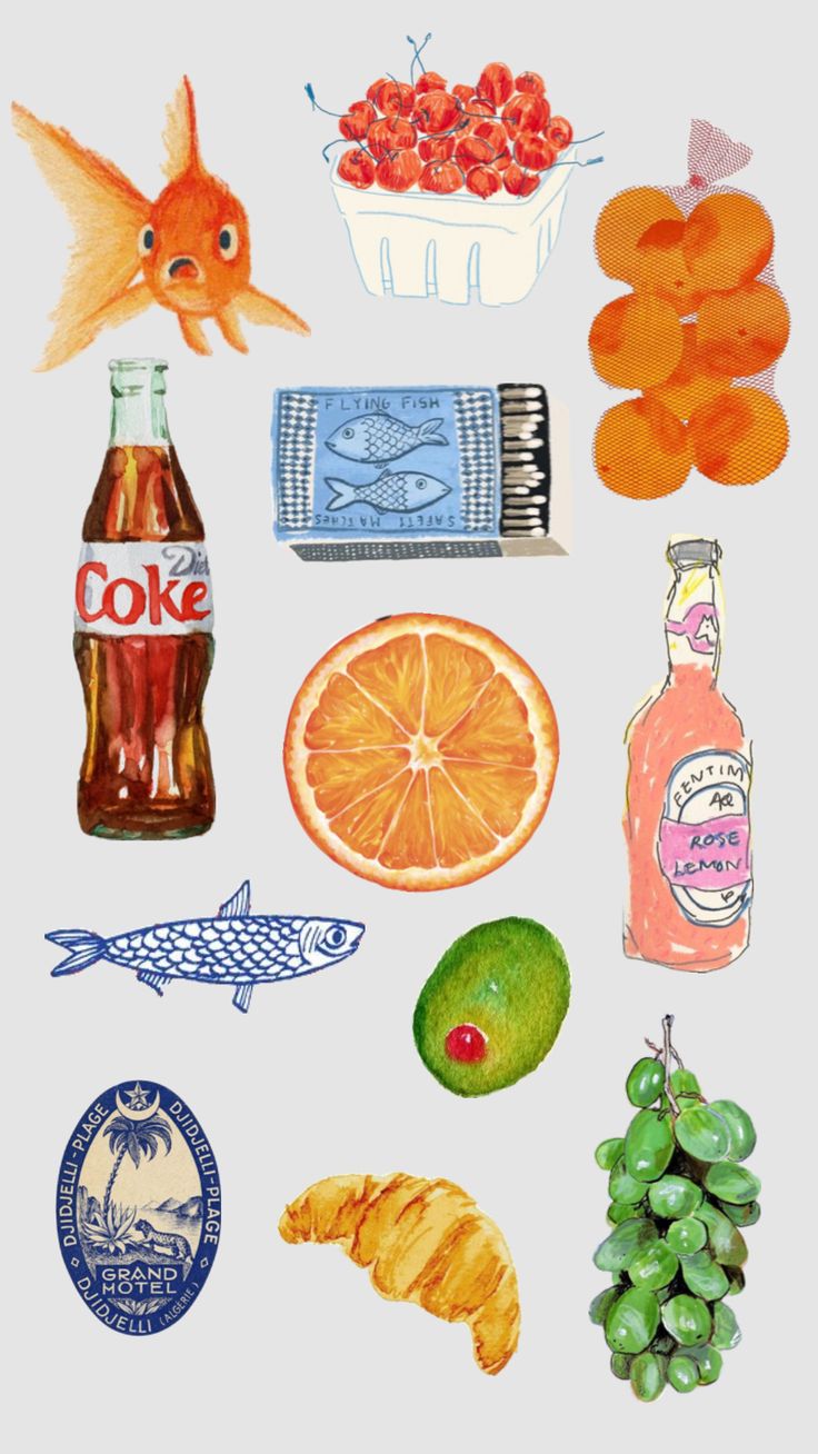 an assortment of food items are shown on a white background, including oranges, grapes, watermelon, and soda