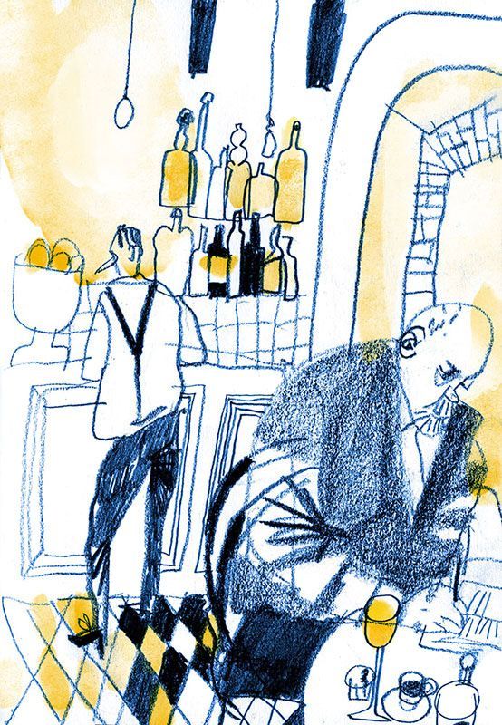 a drawing of two people sitting at a table with wine glasses and bottles on it