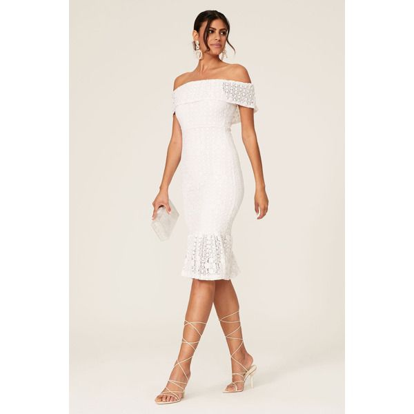 White lace (100% French Lace). Sheath. Short sleeves. Off-the-shoulder neckline. Fully lined. 49" from shoulder to hemline. Imported. Chic Off-shoulder Dress With Lace Trim, Elegant Off-shoulder Lace Dress, Off-shoulder Dress With Lace Trim For Date Night, Chic Off-shoulder Lace Dress With Lace Trim, Fitted Lace Off-shoulder Midi Dress, Off-shoulder Lace Dress For Formal Occasions, Lace Dress With Straight Neckline And Lace Trim, Elegant Off-shoulder Scalloped Lace Dress, Elegant Off-shoulder Lace Dress For Spring