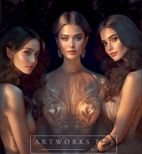 three beautiful women standing next to each other in front of a dark background with the words art works on it