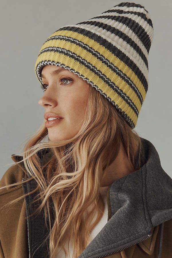 100% acrylic Hand wash Imported | Ribbed Stripe Beanie by Anthropologie, Women's, Acrylic Adjustable Striped Winter Hat, Winter Striped Hats One Size Fits Most, Striped Beanie Hat, One Size Fits Most, Striped Winter Hats One Size Fits Most, Striped Beanie Hat One Size, Cold Weather Ribbed Hats, Yellow Casual Hat For Cold Weather, Yellow Casual Hats For Cold Weather, Casual Yellow Hats For Cold Weather