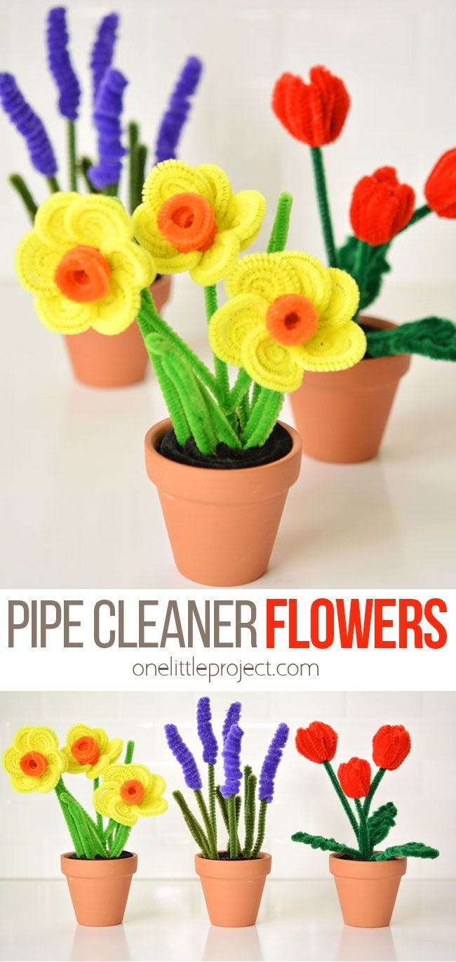 flowers made out of pipe cleaner paper in flower pots with text overlay that says pipe cleaner flowers