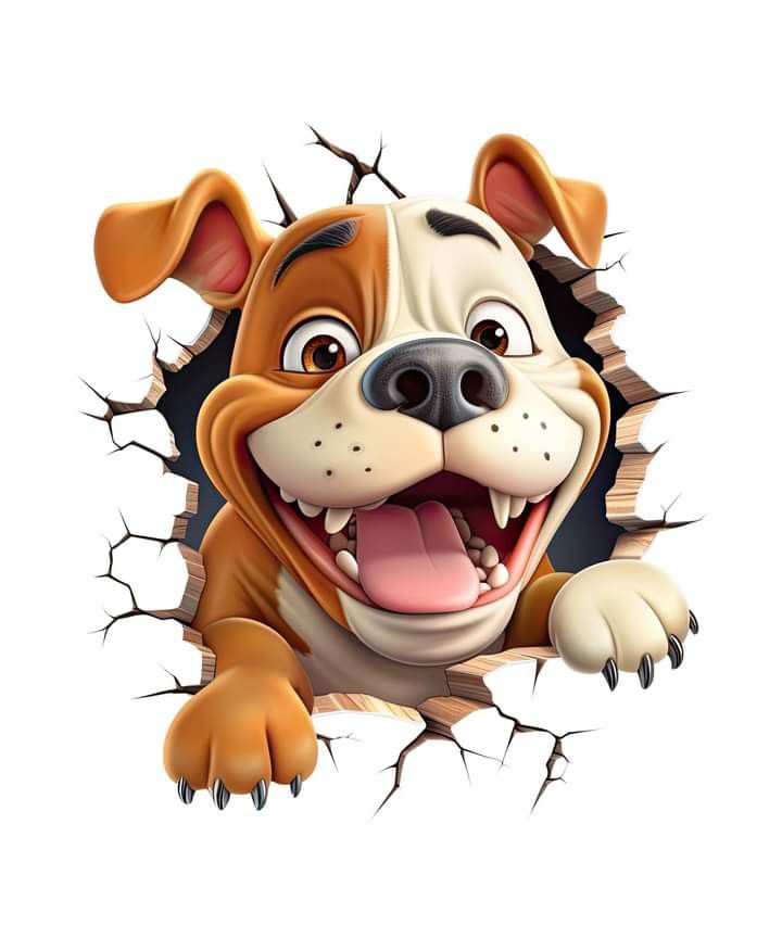 a cartoon dog breaking through the wall with his paw on it's head and mouth