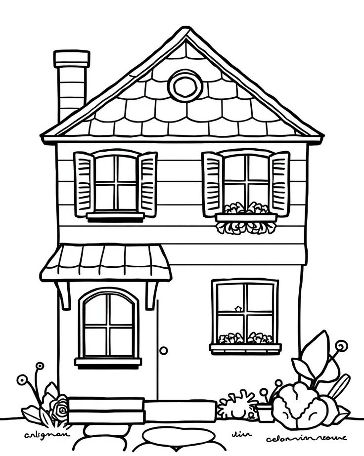 a house that is outlined in black and white with flowers on the ground below it