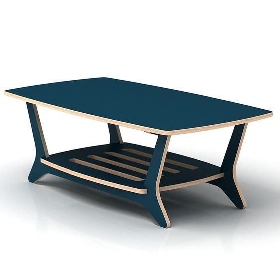 a blue table sitting on top of a white floor