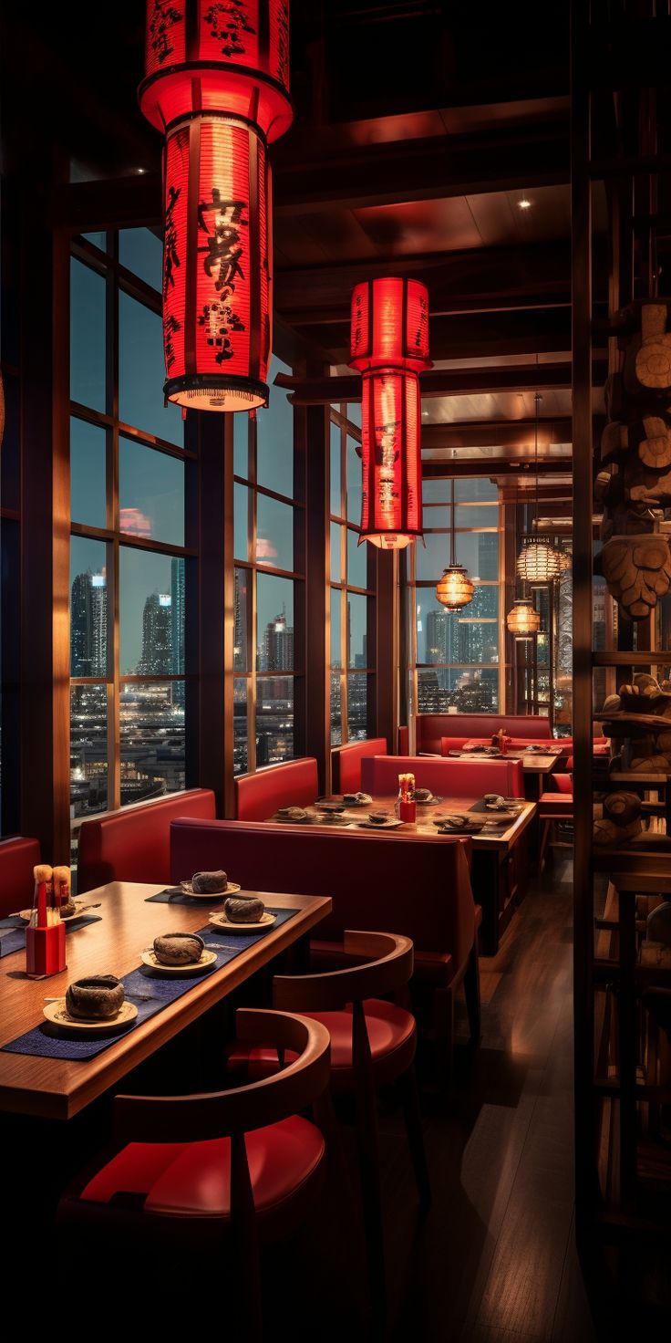 a restaurant with red lanterns hanging from the ceiling and wooden tables in front of large windows