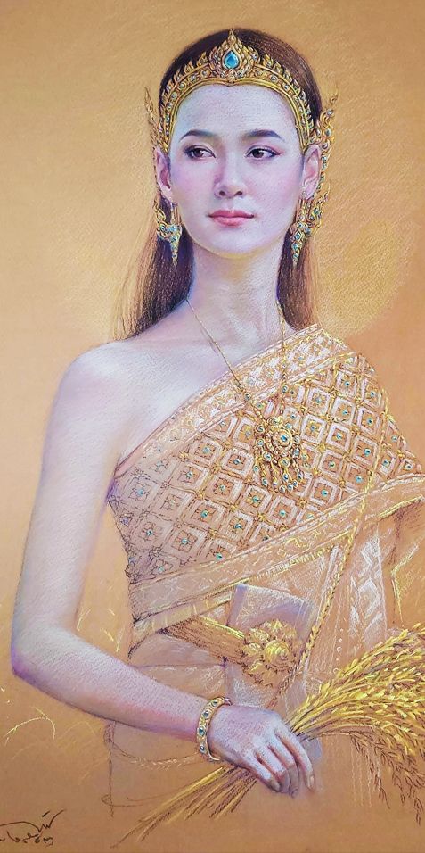 a painting of a woman wearing a gold dress and holding a flower in her hand