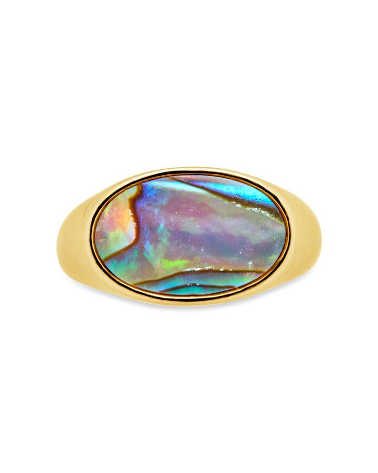 Spice up any look with Gail's Open Band Ring! The abalone shell gives off a stunning, iridescent sheen while the signet detail adds that perfect touch of statement glam. With its eye-catching style, this ring is sure to show off your unique style! Materials: 14k gold or rhodium plated brass, abalone shell Features: 3mm band, 0.4" max width, 0.6" signet, Lead & Nickel free, open band allows for minor adjustments Abalone Ring Engagement, Weird Rings, Abalone Shell Ring, Vintage Silver Jewelry With Abalone Shell, Handmade Vintage Abalone Shell Jewelry, Abalone Ring, Abalone Shell Necklace, Abalone Jewelry, Funky Rings