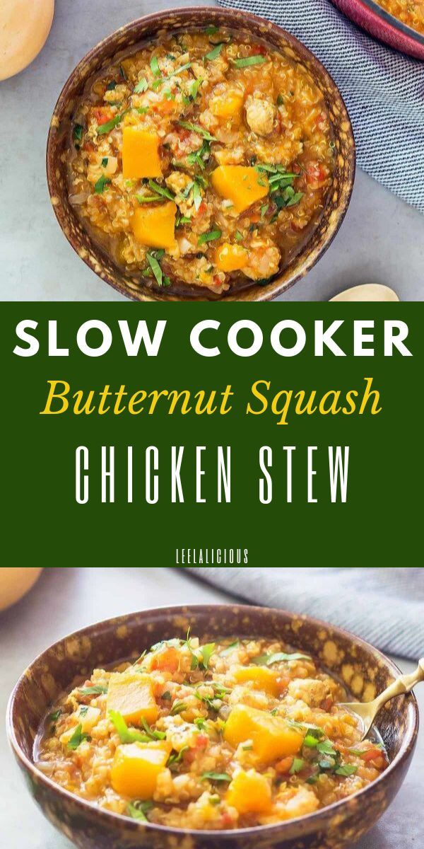 slow cooker butternut squash chicken stew in a bowl with the title above it