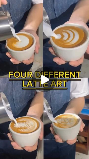 four different shots of a person holding a cup of coffee with the words four different latte art on it