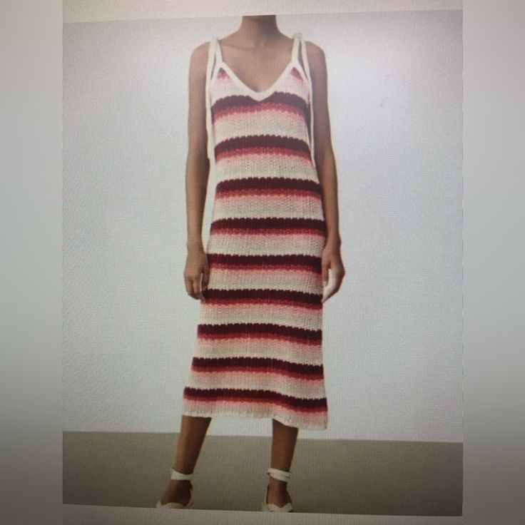 Nwt Zara Limited Edition Knitted Midi Dress. Pink, Burgundy, Peach & White Stripes With Ties On Shoulders. Small. Pit To Pit 17”. Pit To Hem 38”. White Knit Midi Dress For Day Out, Open Knit Sweater Dress For Summer, Striped Knit Beach Dresses, Striped Knit Dresses For The Beach, V-neck Crochet Knit Dress, Zara Knit Midi Sweater Dress, Zara Casual Knit Sweater Dress, White V-neck Knit Midi Dress, White V-neck Crochet Knit Dress