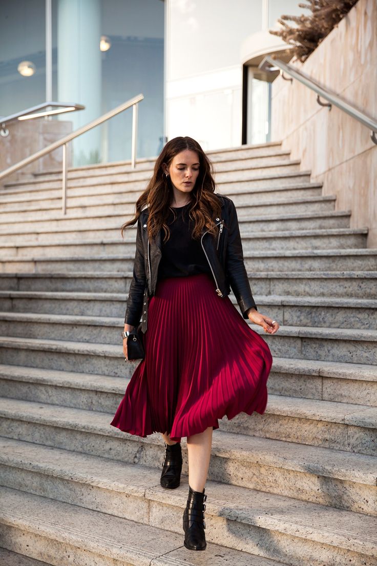 pursue that spark! INSPIRING WIT STREET STYLE Perth red pleated skirt by Lover Moto jacket and Toga Pulla boots Parisian inspired for Lunar New Year Red Skirt Pleated, Midi Skirt Outfit Boots, Pleated Midi Skirt Outfit Winter, Red Skirt Outfit Ideas, Red Pleated Skirt Outfit, Pleaded Skirt Outfits, Burgundy Skirt Outfit, Red Skirt Outfit, Christian Attire