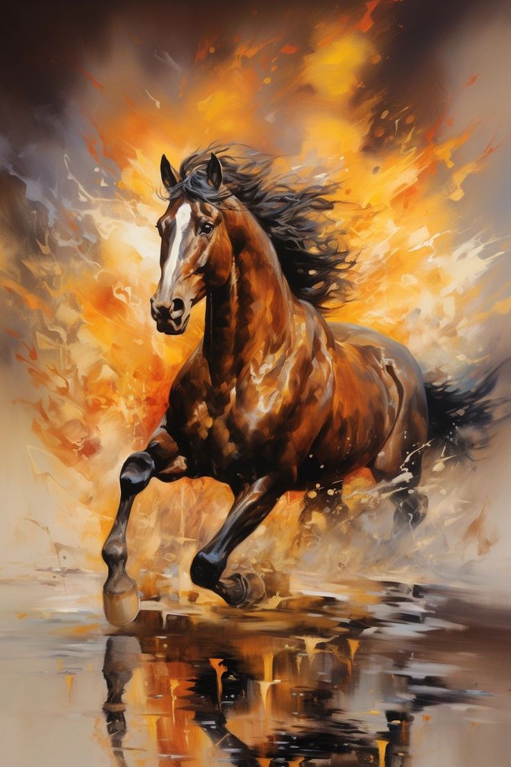 a painting of a horse running in the water with orange and yellow flames behind it