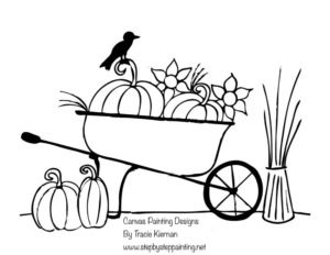 a wagon full of pumpkins with a bird sitting on it's top and the word autumn written below