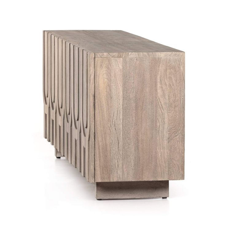 the side table is made out of wood and has an unusual design on it's sides