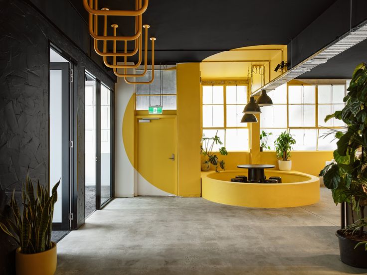 an office with yellow walls and plants in the corner, along with potted plants