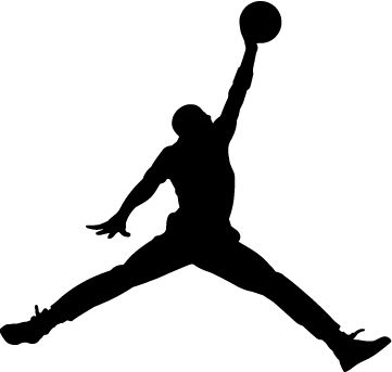 the silhouette of a basketball player is shown in black and white, as if he was about to dunk