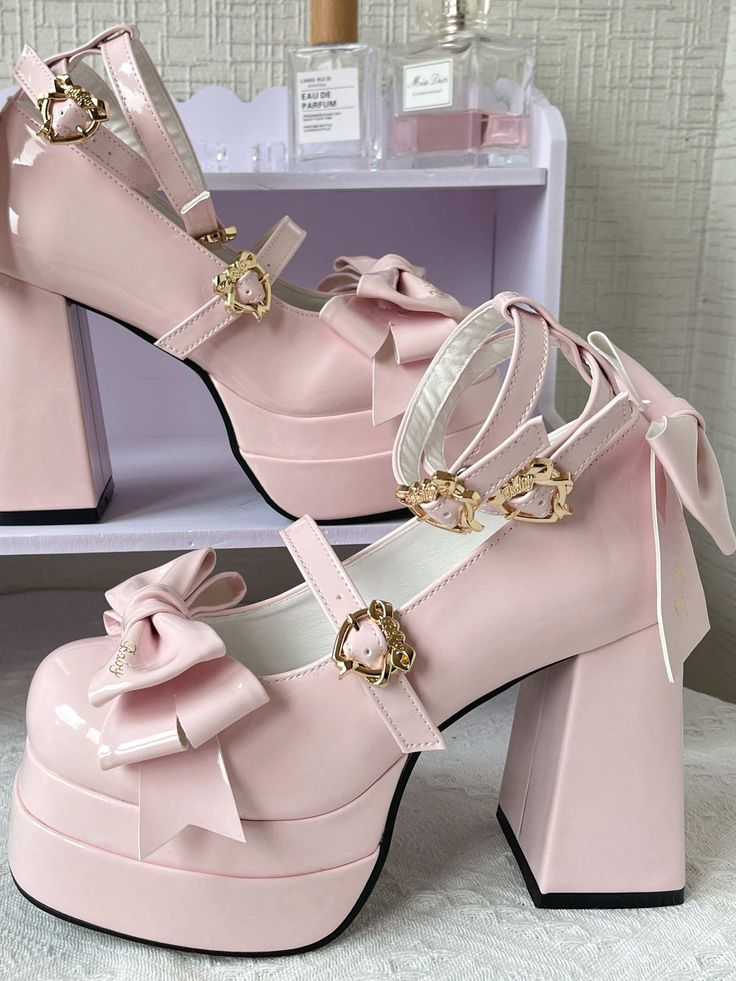 Blush Pink Platform Heels, Feminine Heels With Bow And Round Toe, Feminine Round Toe Heels With Bow, Pink Pointed Toe Heels With Bow Straps, Feminine High Heels With Bow Straps, Cute Bow Heels For Spring, Pink Ankle Strap Heels With Bow Straps, Pink Cute Heels For Formal Occasions, Mary Jane Heels With Ankle Strap And Bow