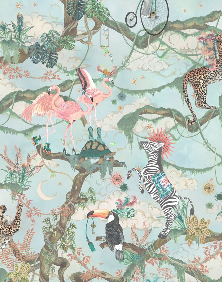 a wallpaper with animals and birds on it