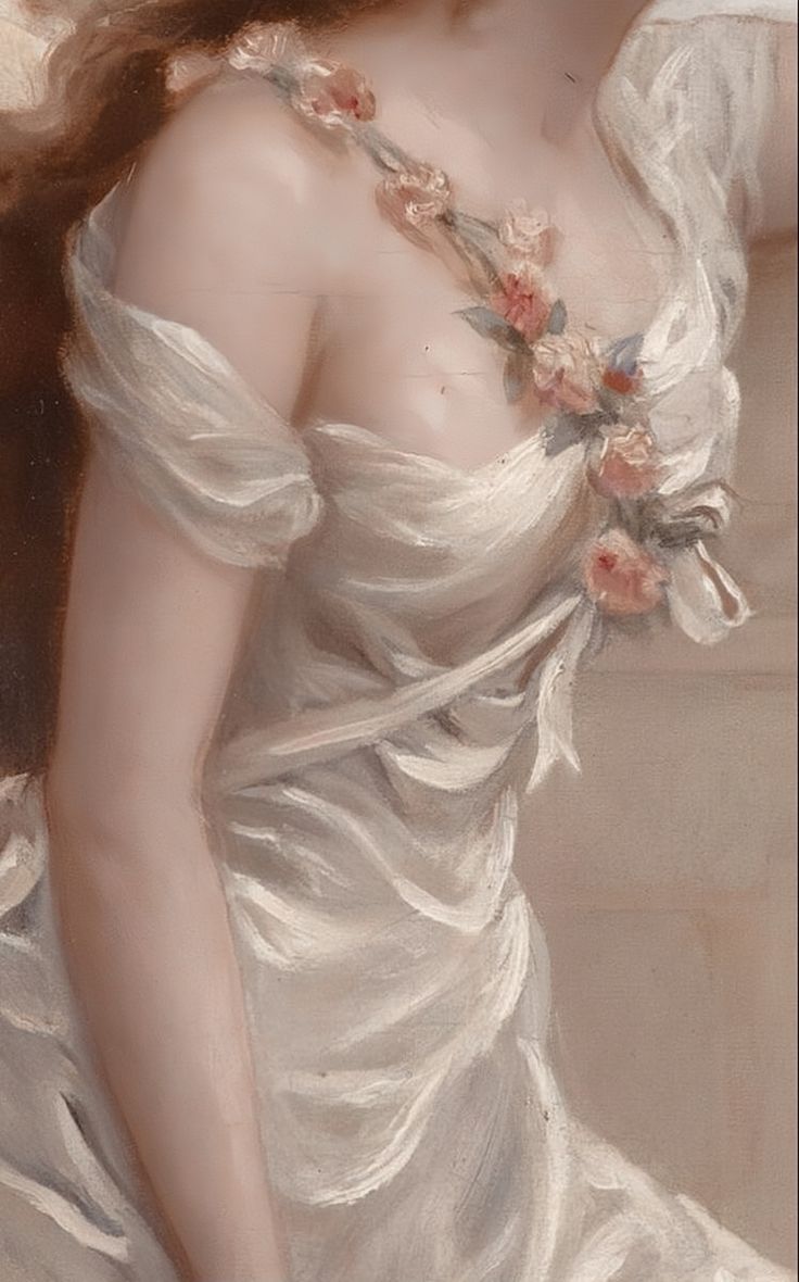 a painting of a woman in a white dress with long hair and flowers on her shoulder