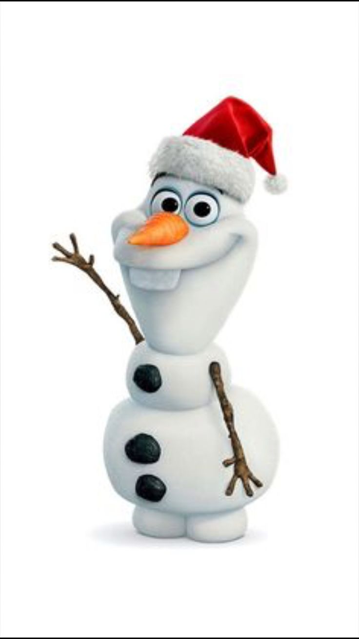 a snowman wearing a santa hat and holding a twig with one eye on it