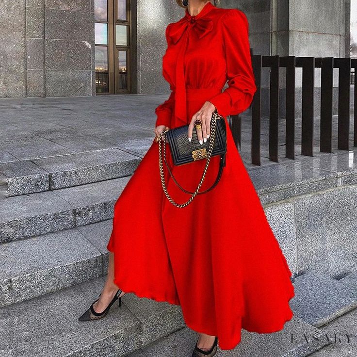 Lasaky - Long-sleeve Dress Christmas Maxi Dress, Long Puff Sleeve Dress, Long Sleeve Elegant Dresses, Elegant Vintage Dresses, High Waist Maxi Dress, Chic Maxi Dresses, Vintage Black Dress, Loose Maxi Dress, Women's Robe