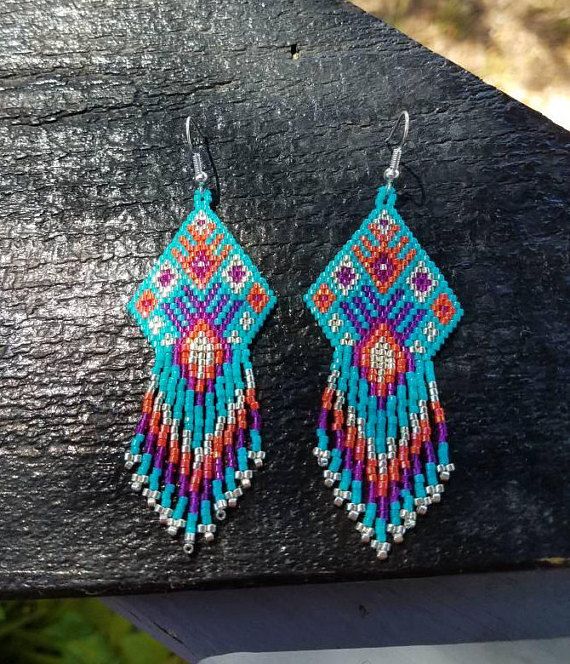 Native American Style Beaded Turquoise Pink Orange and Seed Bead Jewelry Patterns, Beaded Earrings Native, Turquoise Rose, Southwestern Boho, Beadwork Designs, Diy Jewelry Projects, Native American Beaded Earrings, Beaded Necklace Designs, Brick Stitch Earrings