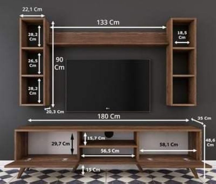 an entertainment center is shown with measurements for the wall mounted tv and shelving unit