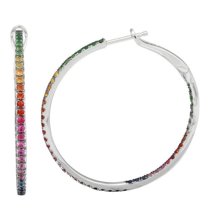 14K Gold Inside-Out Rainbow Gemstone Hoop Earrings (34MM). Make these colorful yet elegant hoop earrings in pave setting look remarkable. These inside-outside hoop earrings is the best thing for your all time collection. Item Information Metal: 14k Gold Dimensions: 34mm Gemstone Information Type: Sapphire Carat Weight: 1.44 Modern Multicolor Hoop Jewelry, Multicolor Modern Small Hoop Earrings, Modern Multicolor Small Hoop Earrings, Modern Multicolor Small Hoop Jewelry, Multicolor Hoop Jewelry For Anniversary, Multicolor Gemstone Hoop Earrings In Fine Jewelry Style, Multicolor Multi-stone Hoop Earrings, Multicolor Multi-stone Hoop Earrings For Anniversary, Multicolor Multi-stone Hoop Jewelry