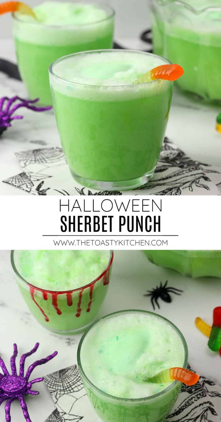 halloween sherbet punch in two glasses with candy on the rim and spider legs