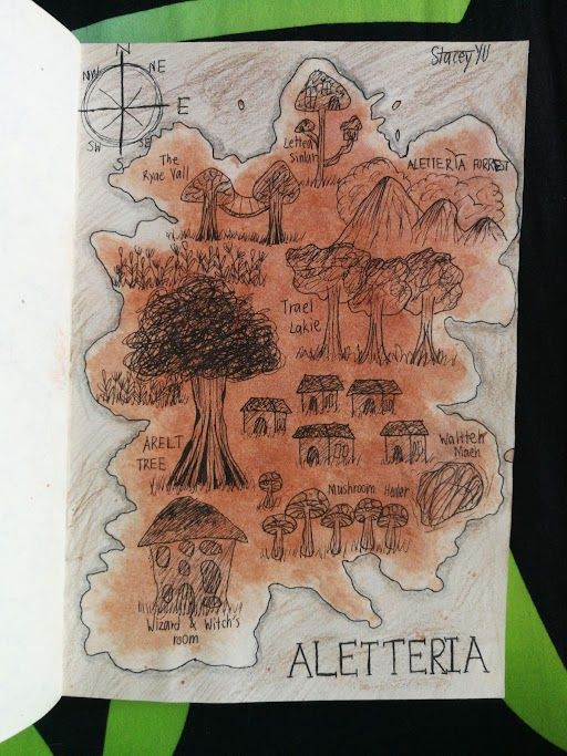 a drawing of a map with trees and animals in the area that is called aleteria