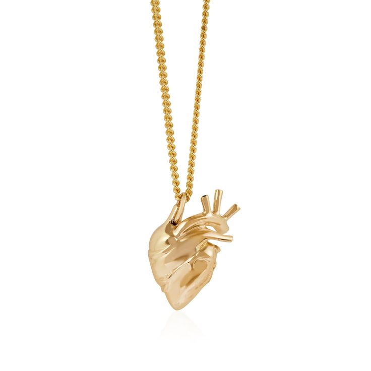 Rock and Roll meets refined craftsmanship in Strange Fruit's signature Anatomical Heart, scaled down in this more delicate edition. Hand carved and cast in solid 9k gold, and suspended on a 55cm 9k chain. Strong chemicals and perfumes should be avoided wherever possible as with all jewellery. Storing carefully will also prevent the metal from becoming dented and scratched over time. Heart Shaped Yellow Gold Brass Necklace, Yellow Gold Heart-shaped Brass Necklace, Heart-shaped Yellow Gold Brass Necklace, Yellow Gold Brass Necklace With Heart Charm, Yellow Gold Heart Jewelry With Box Chain, Yellow Gold Heart-shaped Box Chain Jewelry, Yellow Gold Heart Shaped Box Chain Jewelry, Heart Shaped Yellow Gold Box Chain Jewelry, Valentine's Day Yellow Gold Box Chain Necklace