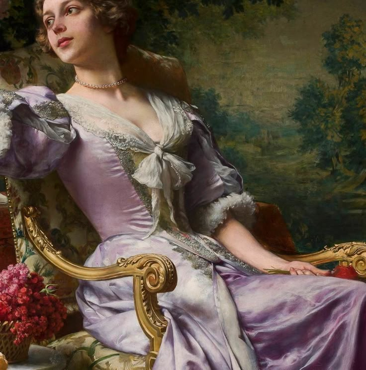 a painting of a woman in a purple dress sitting on a gold chair with flowers