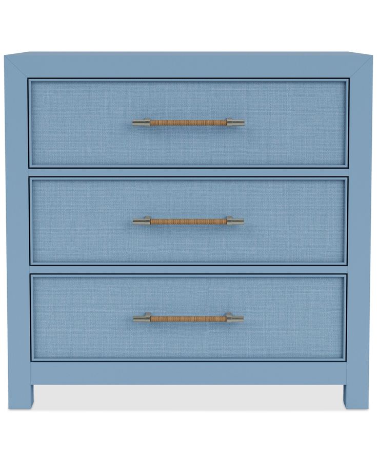 a blue dresser with three drawers and gold handles