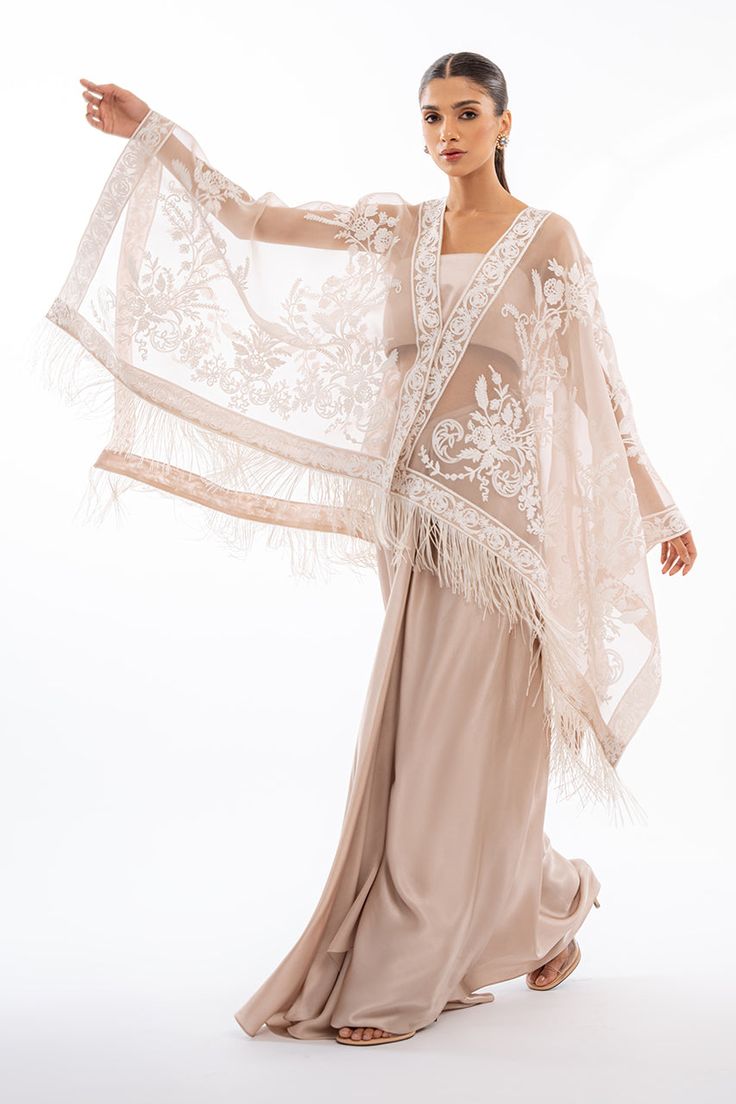 Ahi Elegant Sheer Wedding Set, Bohemian Silk Dupatta For Wedding, Elegant Embroidered Kaftan For Reception, Bohemian Silk Wedding Dupatta, Elegant Silk Draped Dupatta, Elegant Draped Silk Dupatta, Elegant Festive Kaftan With Cape Sleeves, Elegant Festive Dupatta Shawl, Silk Wedding Shawl With Sheer Dupatta